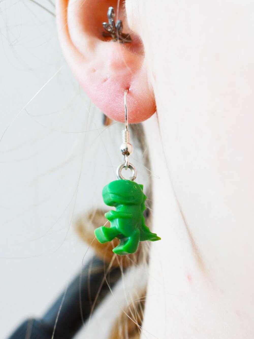 Handmade Green HDPE T-Rex Dinosaur Dangle Earrings Recycled Jewelry - Picture 3 of 4